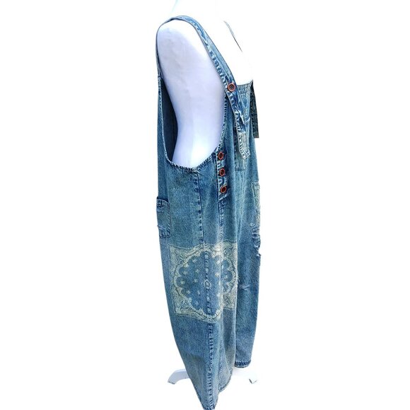Easel, Oversized Overalls, Print Blue Denim, Distressed, Medium, Grunge, Cottage - Picture 5 of 16